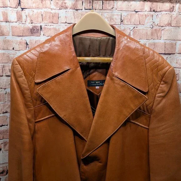 Cortefiel Vintage Brown Leather Coat Size 46 - Picture 2 of 13